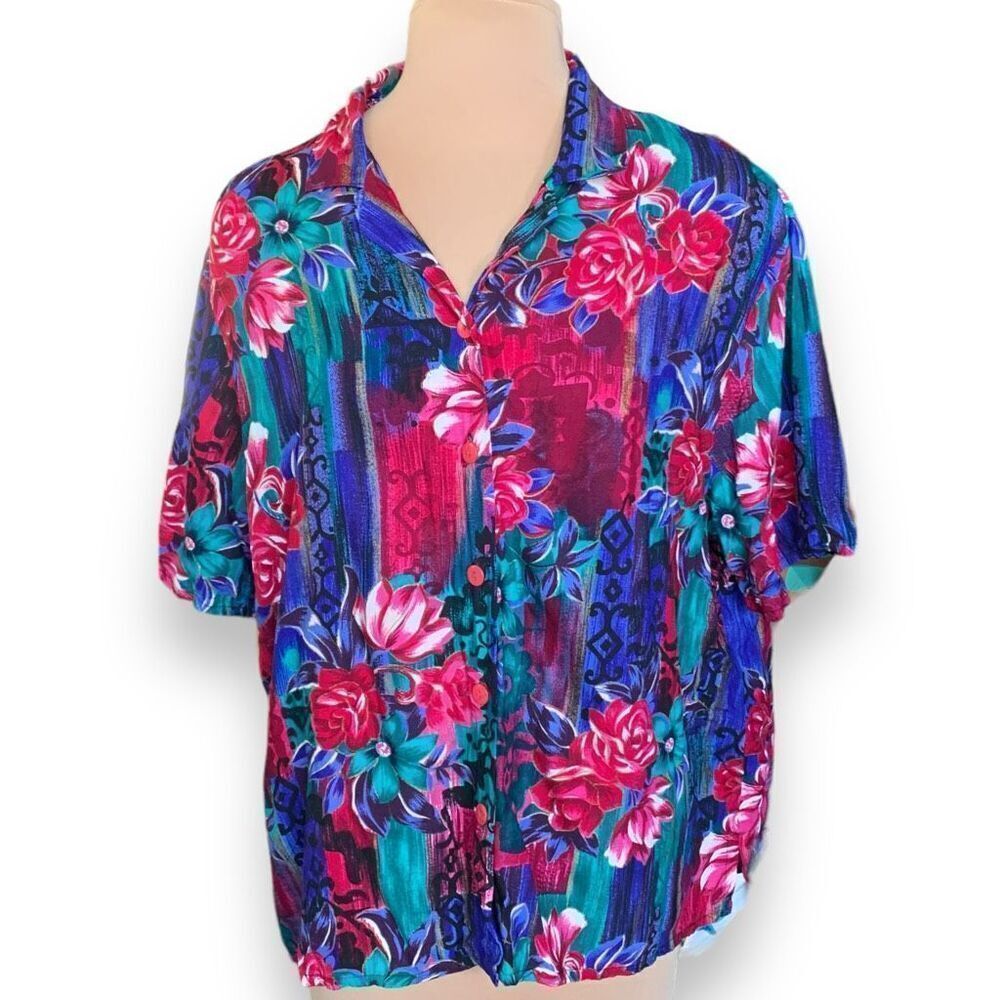 Vintage Bon Worth Shirt Colorful Pink Floral Abstract Color Block Short Sleeve